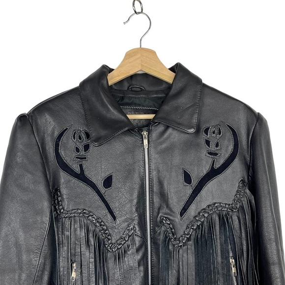 VINTAGE ALCATRAZ BLACK LEATHER FRINGE BRAIDED CONCHO ZIP ROCKSTAR LEATHER JACKET - Picture 8 of 17